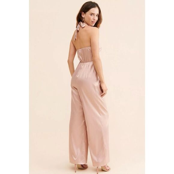 Du Paradis Anthropologie Cross-Neck Satin Jumpsuit in Pink, Size Small - Picture 2 of 9